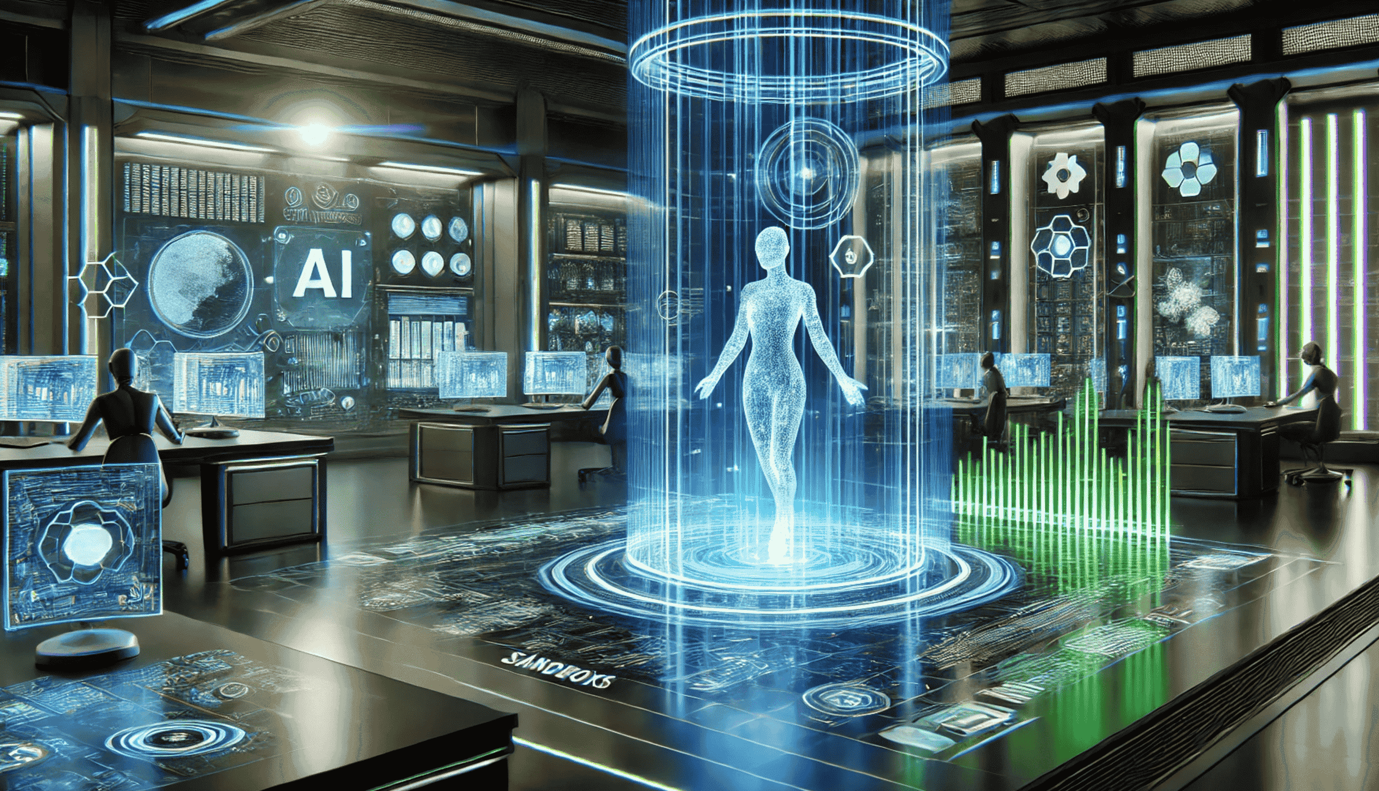A high-tech futuristic lab showcasing an AI-driven testing environment. A holographic AI agent is surrounded by glowing dynamic data streams and simulation interfaces. Translucent, digital sandbox structures and cloud-like formations are present in the background, bathed in deep blue, neon green, and silver lighting to create a sense of innovation and trust.
