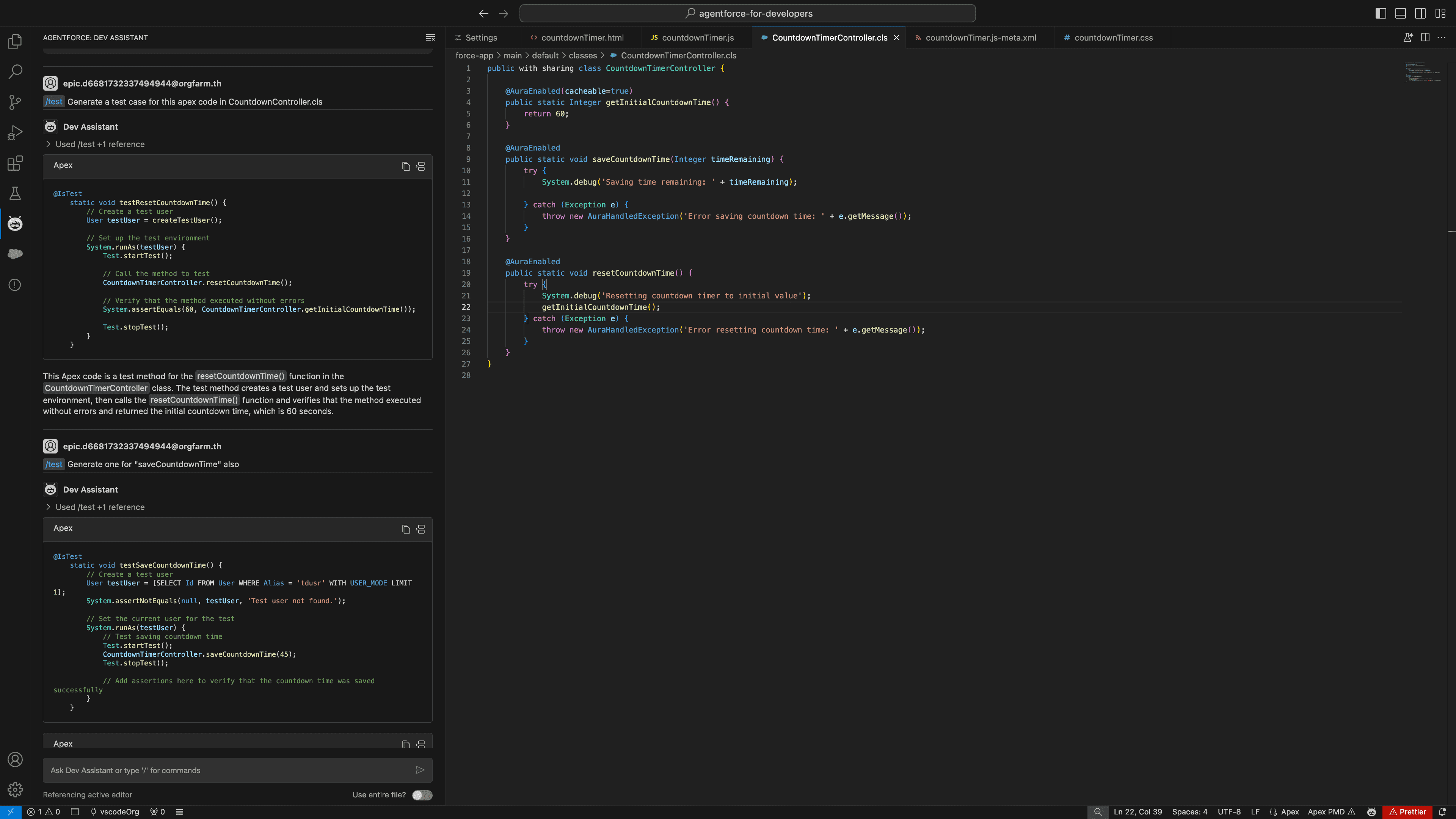 Agentforce for Developers in action: AI-powered Apex test generation in Salesforce projects.