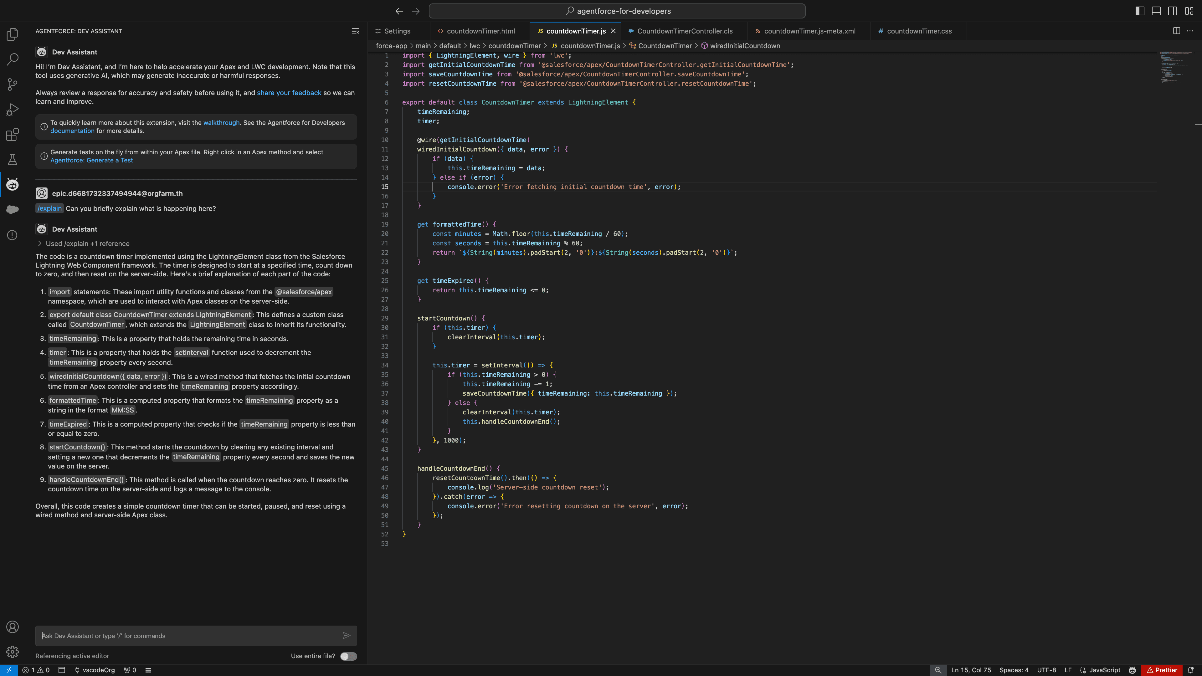 Agentforce for Developers in action: AI-powered code explanation in Salesforce projects.
