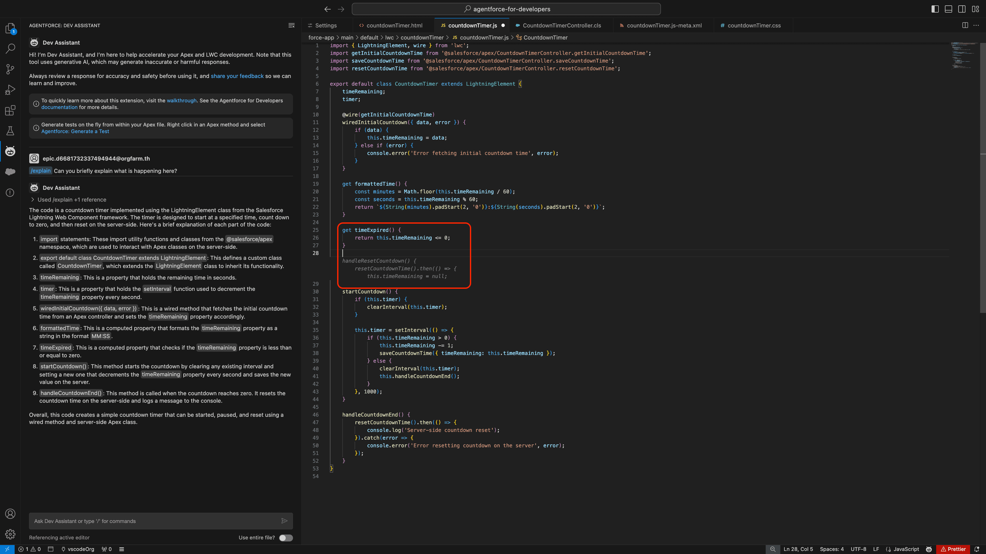 Agentforce for Developers in action: AI-powered code completion in Salesforce projects in VS Code.